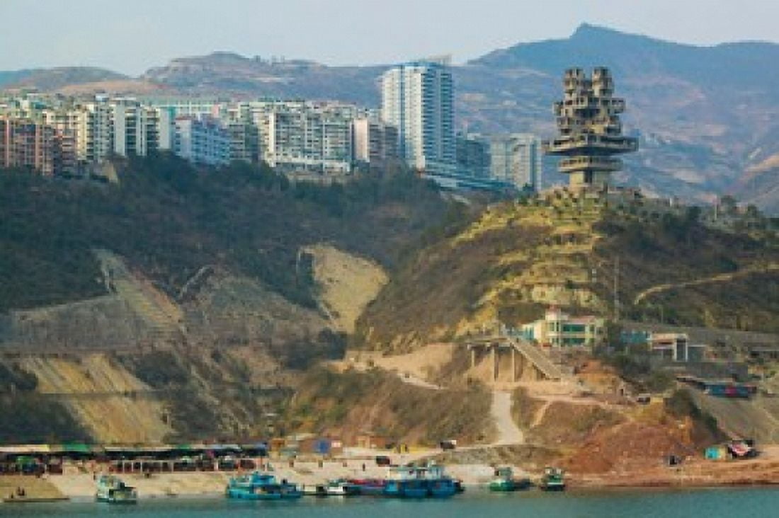 Boats at the port with a newly built town on Yangtze River Wanzhou Chongqing Province China Canvas Art - Panoramic Images (36 x 24)