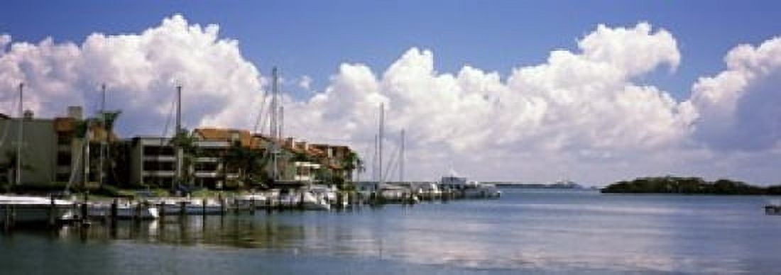 Boats docked in a bay Cabbage Key Sunshine Skyway Bridge in Distance Tampa Bay Florida USA Canvas Art - Panoramic Images (18 x 7)