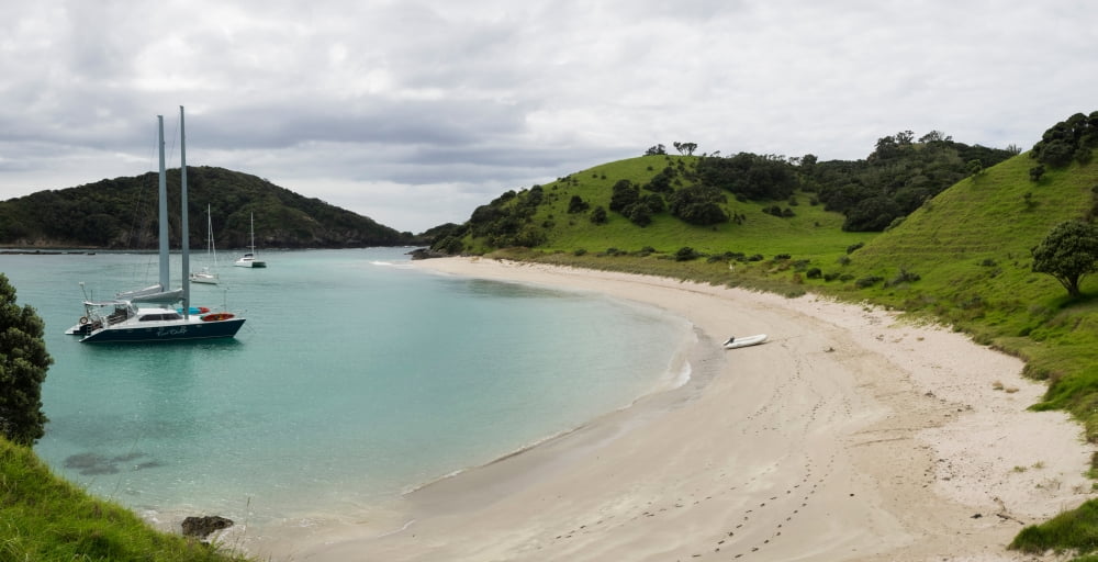 Boats docked in small bay at Waewaetorea Island Bay of Islands Northland Region North Island New Zealand Canvas Art - Panoramic Images (12 x 24)