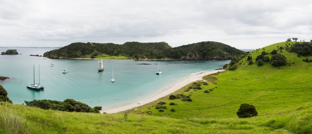 Boats docked in small bay at Waewaetorea Island Bay of Islands Northland Region North Island New Zealand Canvas Art - Panoramic Images (13 x 30)