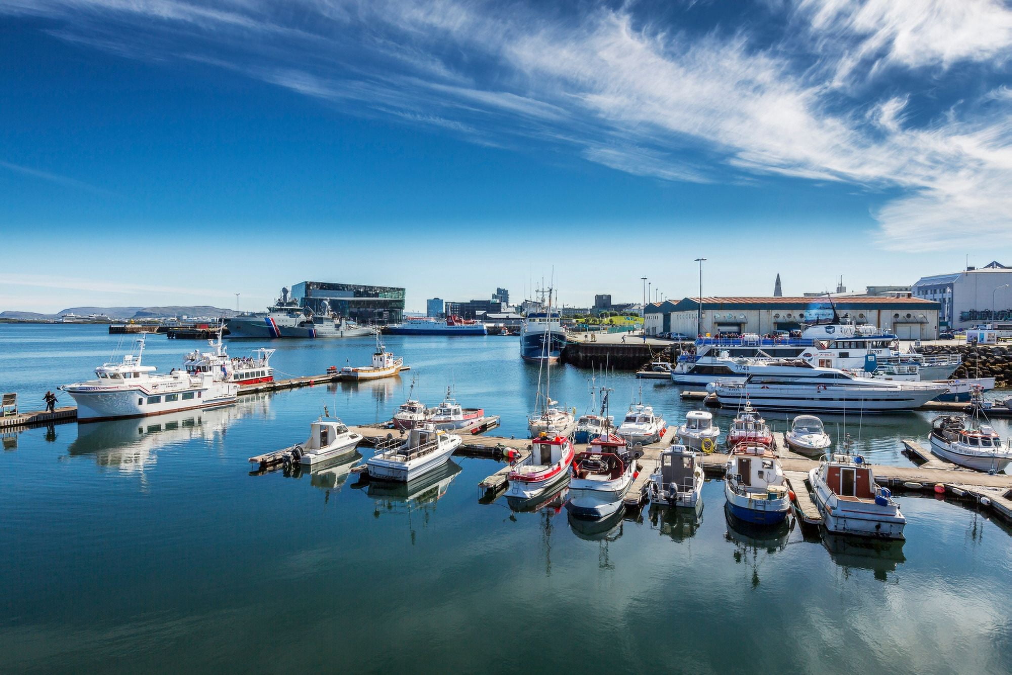 Boats in Reykjavik Harbor Reykjavik Iceland Canvas Art - Panoramic Images (27 x 9)