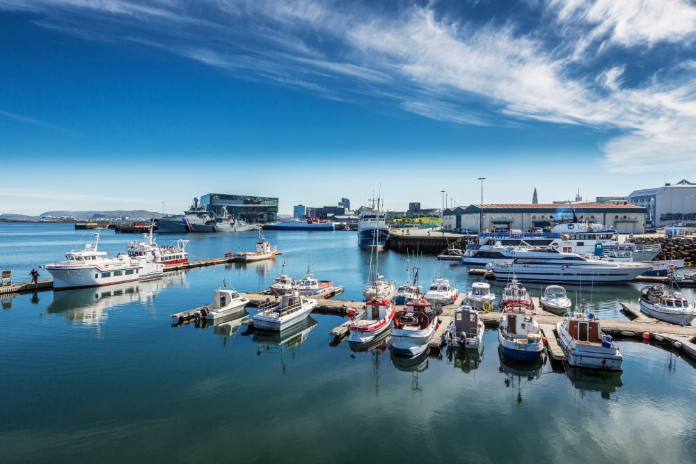 Boats in Reykjavik Harbor Reykjavik Iceland Canvas Art - Panoramic Images (36 x 12)