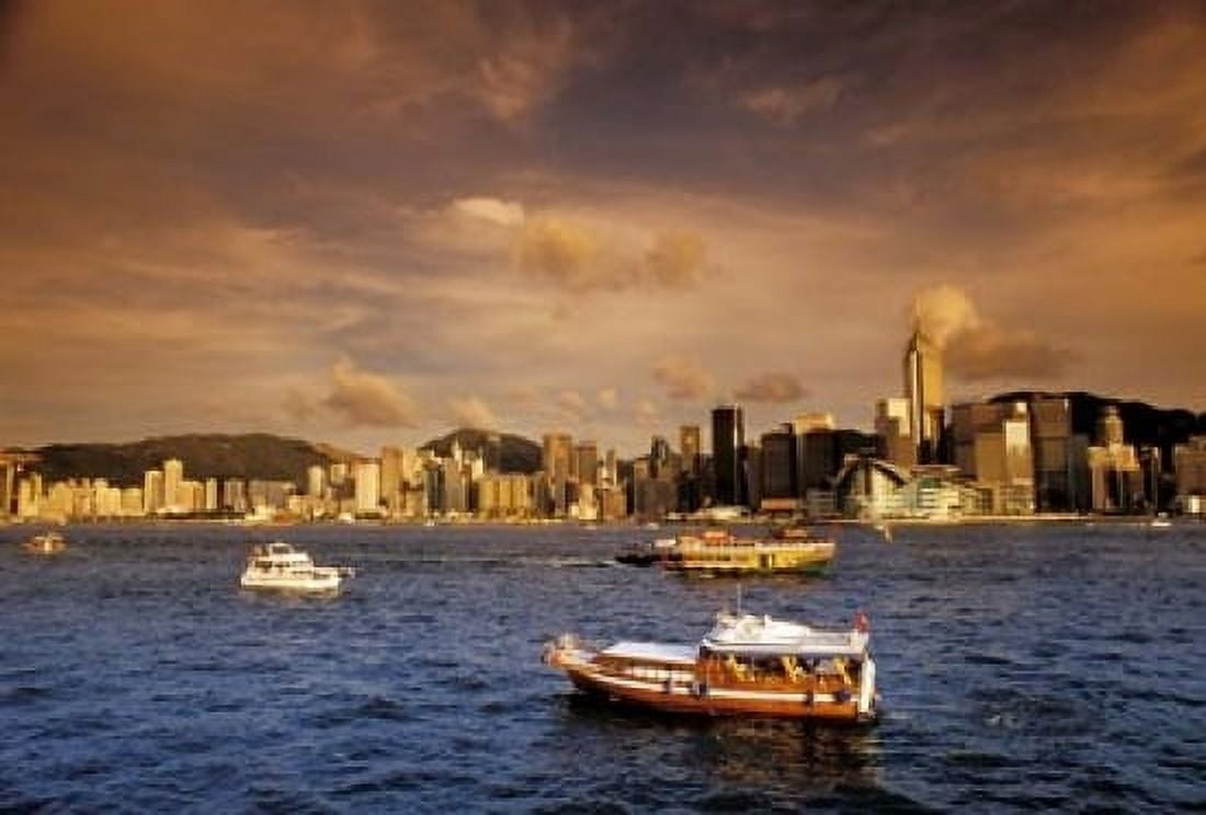 Boats in Victoria Harbor at Sunset Hong Kong China Canvas Art - Bill Bachmann DanitaDelimont (24 x 15)