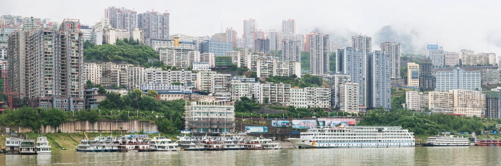 Boats in Yangtze River with skyscrapers in the background China Canvas Art - Panoramic Images (12 x 36)