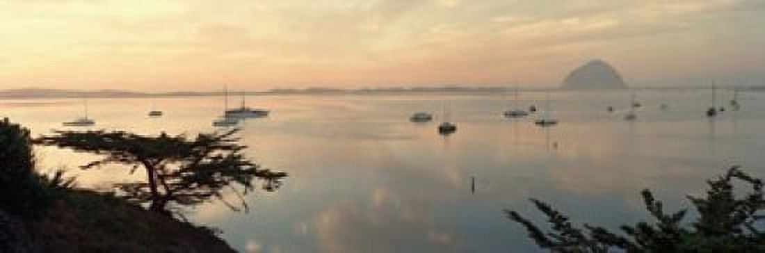 Boats in a bay with Morro Rock in the distance Morro Bay San Luis Obispo California USA Canvas Art - Panoramic Images (18 x 6)