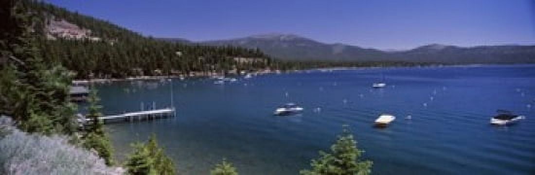 Boats in a lake with mountains in the background Lake Tahoe California USA Canvas Art - Panoramic Images (36 x 12)