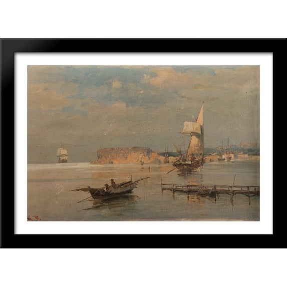 Boats in a port 40x28 Large Black Wood Framed Print Art by Konstantinos Volanakis