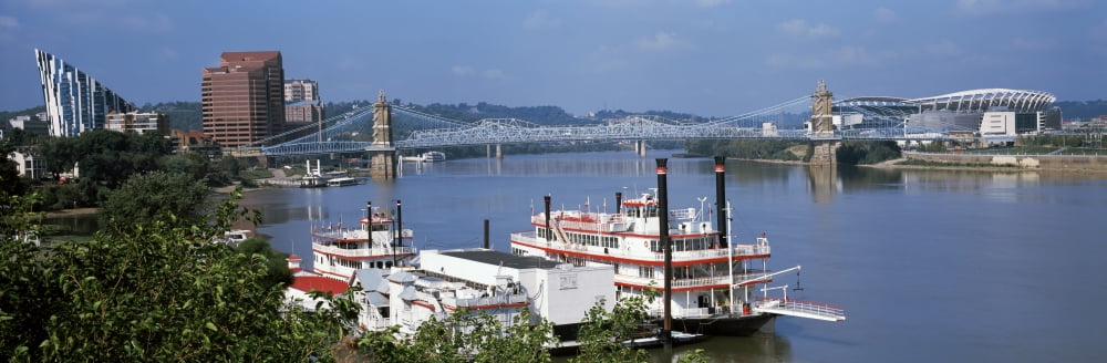 Boats in a river with a suspension bridge in the background Ohio River Cincinnati Ohio USA Canvas Art - Panoramic Images (6 x 18)