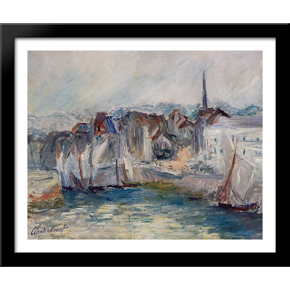 Boats in the Port of Honfleur 34x28 Large Black Wood Framed Print Art by Claude Monet