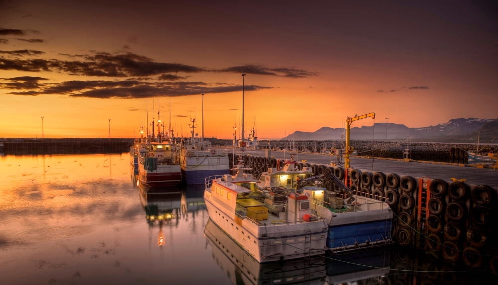 Boats in the harbor with the Midnight Sun Olafsvik Snaefellsnes Peninsula Iceland Canvas Art - Panoramic Images (21 x 12)