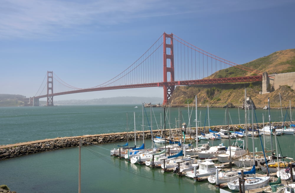 Boats at marina with Suspension bridge over the Pacific Ocean Golden Gate Bridge San Francisco San Francisco County California USA Canvas Art - Panoramic Images (18 x 24)