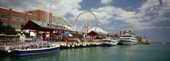 Boats moored at a harbor Navy Pier Chicago Illinois USA Canvas Art - Panoramic Images (36 x 13)