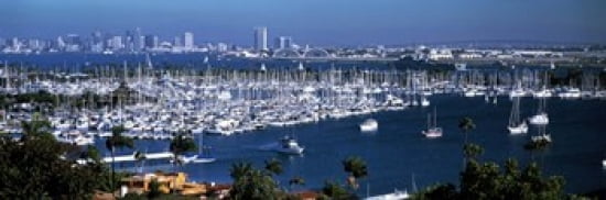 Boats moored at a harbor San Diego California USA Canvas Art - Panoramic Images (36 x 12)