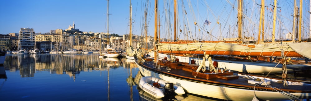 Boats moored at a harbor Vieux Port Marseille Provence-Alpes-Cote dAzur France Canvas Art - Panoramic Images (27 x 9)