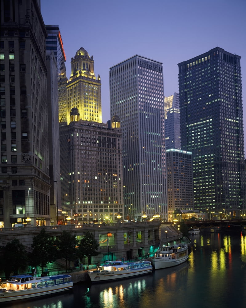 Boats moored at the riverside Chicago River Chicago Cook County Illinois USA Canvas Art - Panoramic Images (29 x 36)