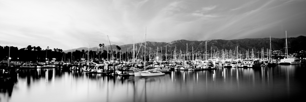 Boats moored in harbor at sunset Santa Barbara Harbor Santa Barbara County California USA Canvas Art - Panoramic Images (12 x 36)