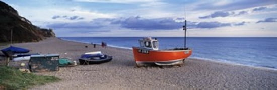 Boats on the beach Branscombe Beach Devon England Canvas Art - Panoramic Images (36 x 12)