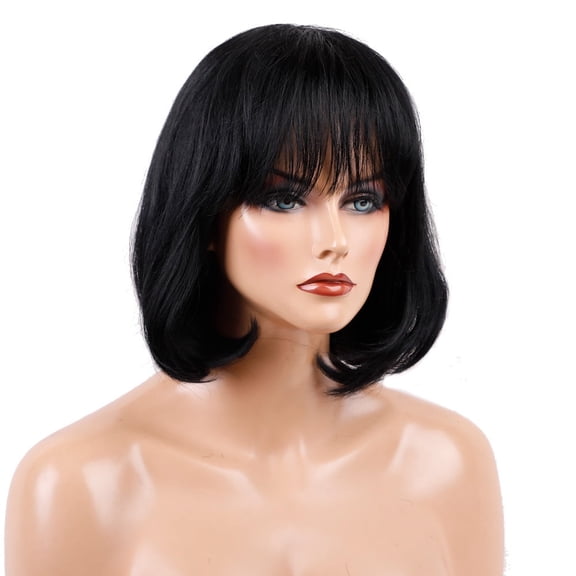 Bob With Bangs LA001 1# Women's Shoulder-Length Straight Full Wig - High-Temperature Fiber, Black Color, Diamond-Shaped Network Cap, Wig For Women, Bob Wig, Shoulder-Length Wig, Halloween Costume Ha