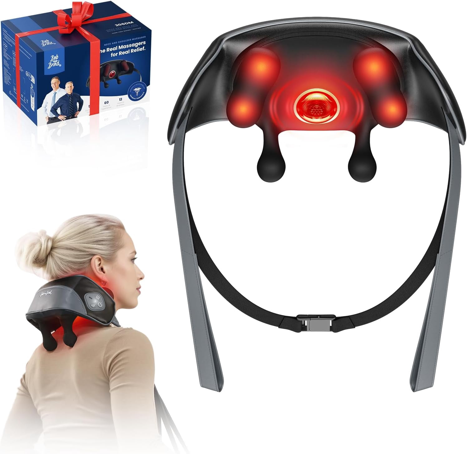 Bob and Brad Shiatsu Neck Massager Deep Tissue Pain Relief Neck Shoulder Back 4D Kneading Soothing Heat Smart Relaxed Massager Light Weight & Cordless, FSA HSA Eligible,Idea Gift