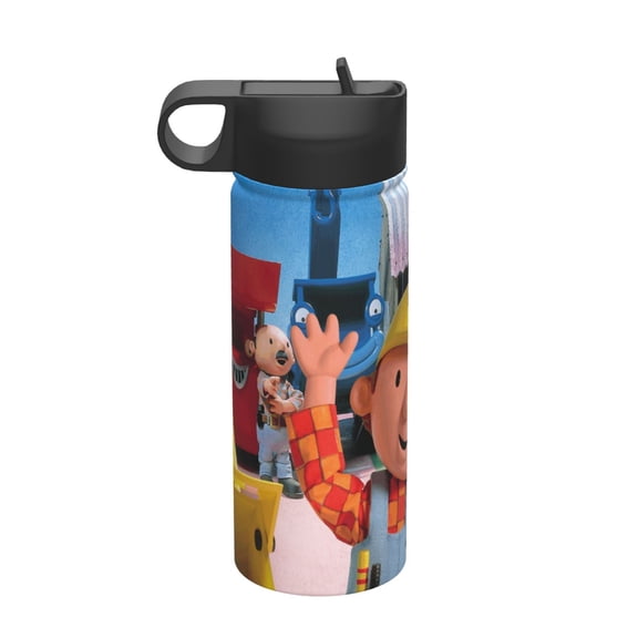 Bob The Builder Kids Insulated Water Bottle With Straw - 18 Oz Stainless Steel Double Wall Vacuum Cup, Leakproof, Bpa Free, Suitable For Boys And Girls