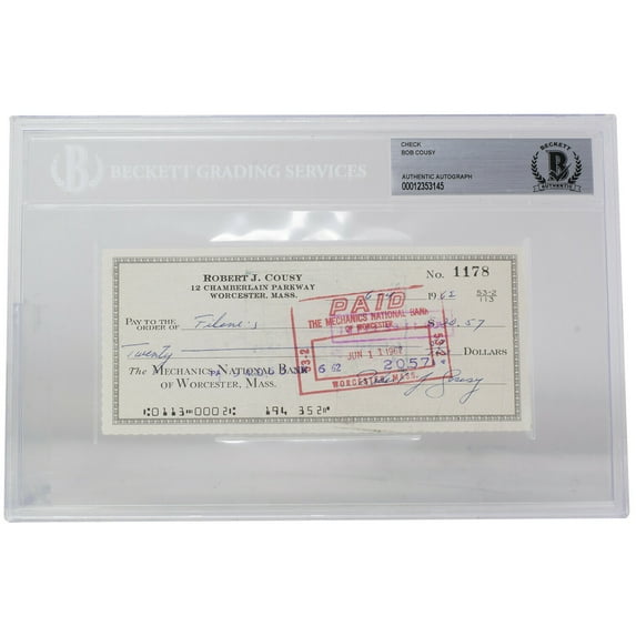 Bob Cousy Signed Boston Celtics Personal Bank Check #1178 BGS