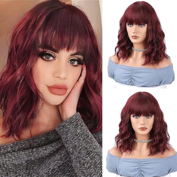 Bob Curly Wavy Bob Wigs with Bangs for Women [Include Weaving Cap] Synthetic Short Wig with Bangs Natural Looking Heat Resistant Fiber Hair for Women