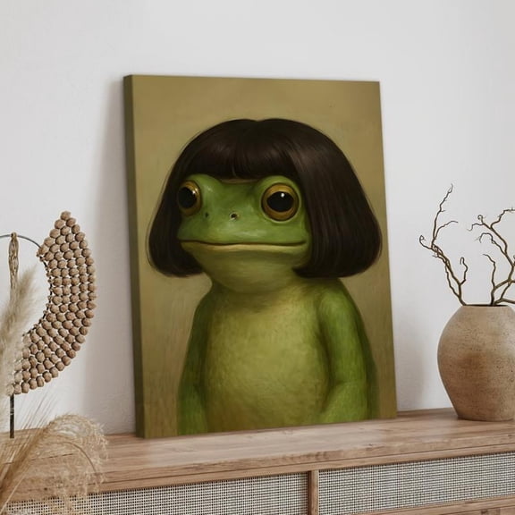 “Bob Cut Frog” Quirky Portrait Canvas Wall Art Ready to Hang for Living Room and Bedroom