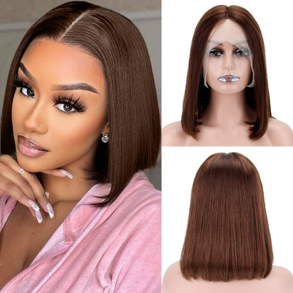 Bob Human Hair Wigs Short Straight Lace Front Wigs Cut Brown Short Curly Human Hair Wigs 180% Density Lace Front Wigs for Black Women Human Hair Plucked Pre Plucked With Baby Hair (4#, 14inch) C80