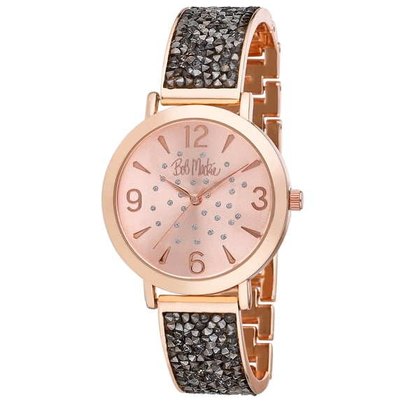 Bob Mackie Rose and Black Glitz Dial Iridescent Silver Bangle Watch with Bracelet Set