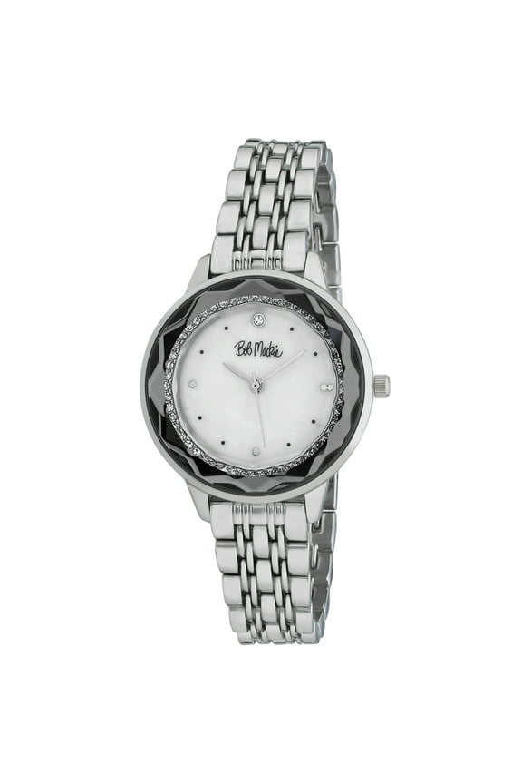 Women's 34mm Silver Faceted Bezel Encrusted MOP Dial Watch