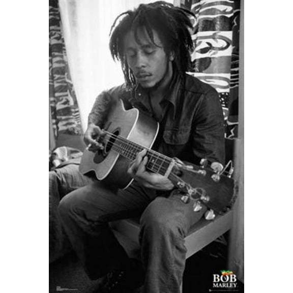 Bob Marley Playing Guitar Black and White Music Poster 24x36 inch