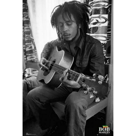 Bob Marley Playing Guitar Black and White Music Poster