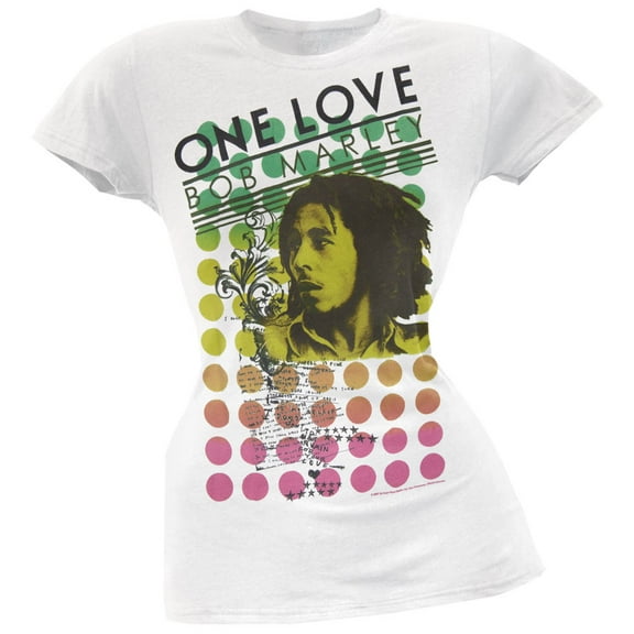 Bob Marley Women's Juniors One Love Lyrics White Short Sleeve T Shirt