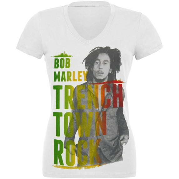 Bob Marley Women's Juniors Rasta Trenchtown Rock V-Neck Short Sleeve T Shirt