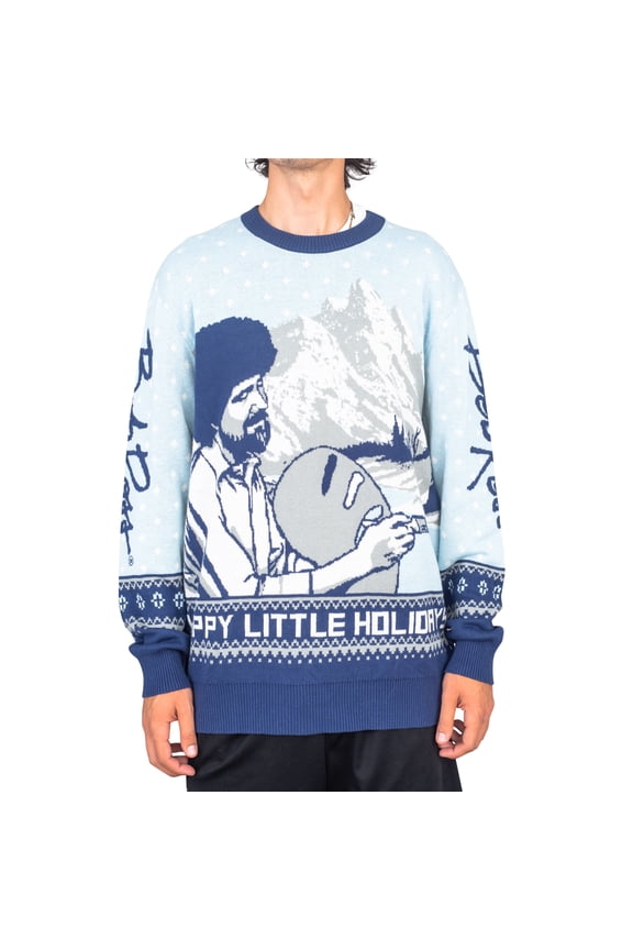 Bob Ross Happy Little Holidays Blue Ugly Christmas Sweater