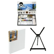Bob Ross Master Artist Oil Paint Set Bundle with Aluminum Table Easel & 2-Pack 12x16 Stretched Canvas for Painting 3 Items