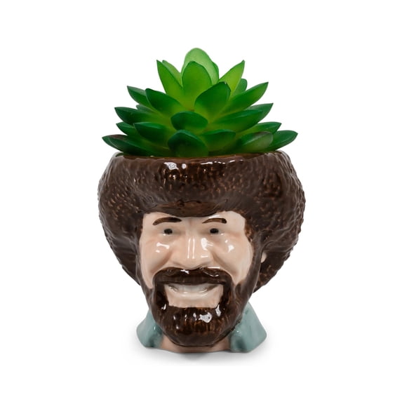 Bob Ross Mini Ceramic Planter with Artificial Succulent Plant