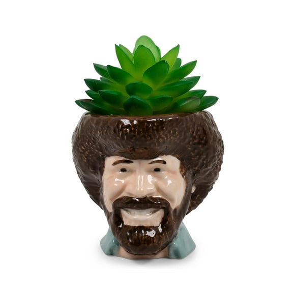 Bob Ross Mini Ceramic Planter with Artificial Succulent Plant