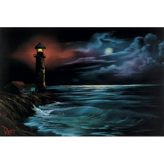 Bob Ross Night Light Art Print Painting – Poster - Poster Print - Wooden Hanging Scroll Frame 24 x 36 Inch Poster
