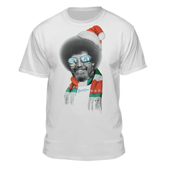 Bob Ross Santa Hat & Scarf Official Licensed Christmas Xmas White T-Shirt (Medium)