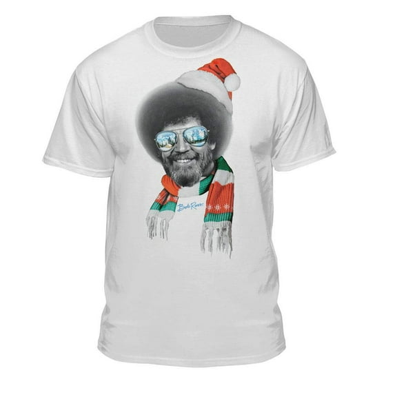 Bob Ross Santa Hat & Scarf Official Licensed Christmas Xmas White T-Shirt (Medium)