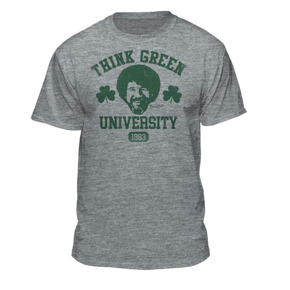 Bob Ross Think Green University St. Patrick's Day Graphic T-Shirt (Large - Standard Fit, Athletic Heather)