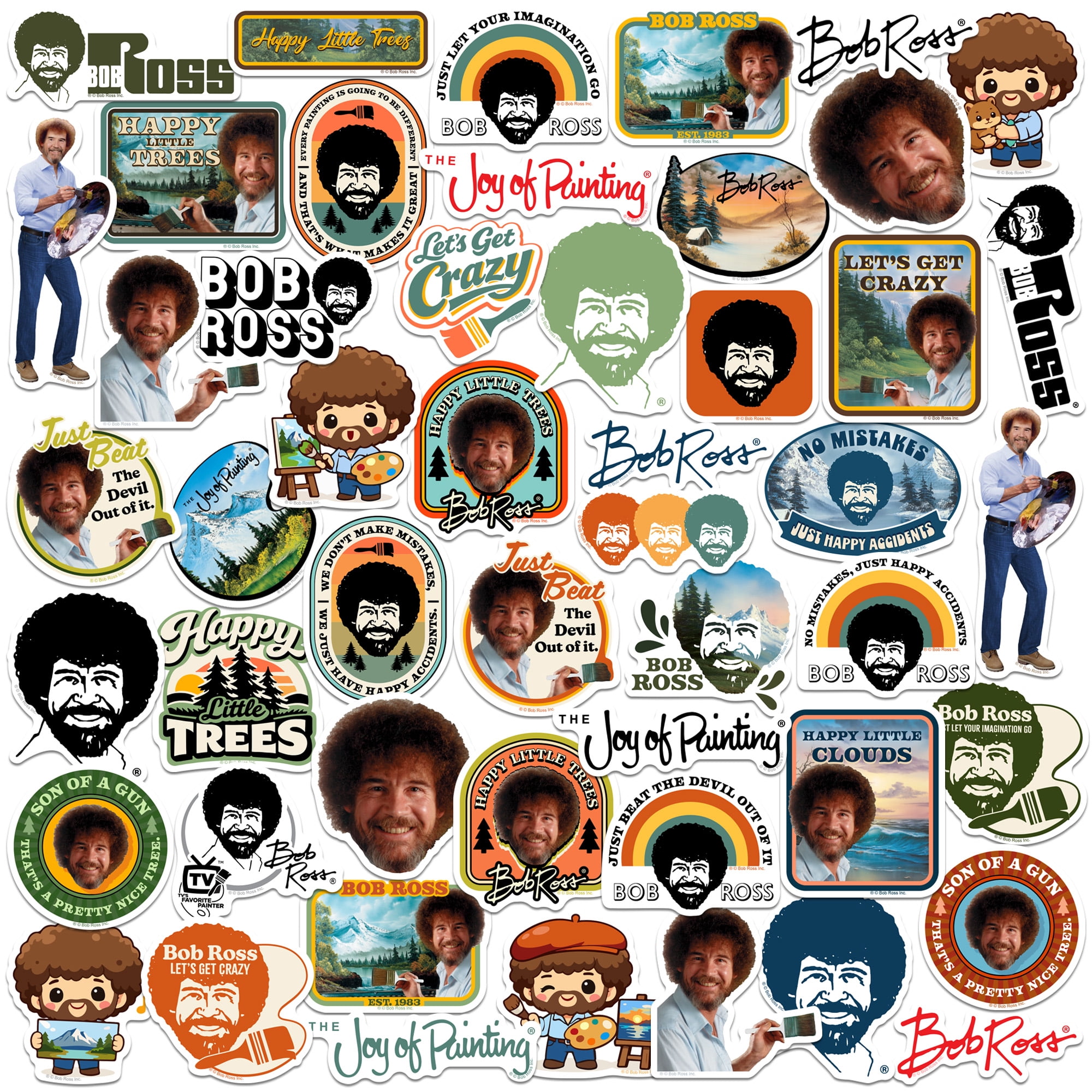 Bob Ross Vinyl Sticker Pack 50 Waterproof Decals Featuring Happy Little ...