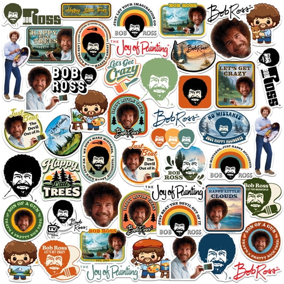 Bob Ross Vinyl Sticker Pack 50 Waterproof Decals Featuring Happy Little Trees, Painting Quotes & Iconic Art