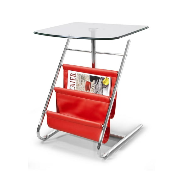 Bob Side Table, Tempered Clear Glass Top, Faux Leather Magazine Stand, Frame-Color:Red,Finish:Chrome,Size:7/16"