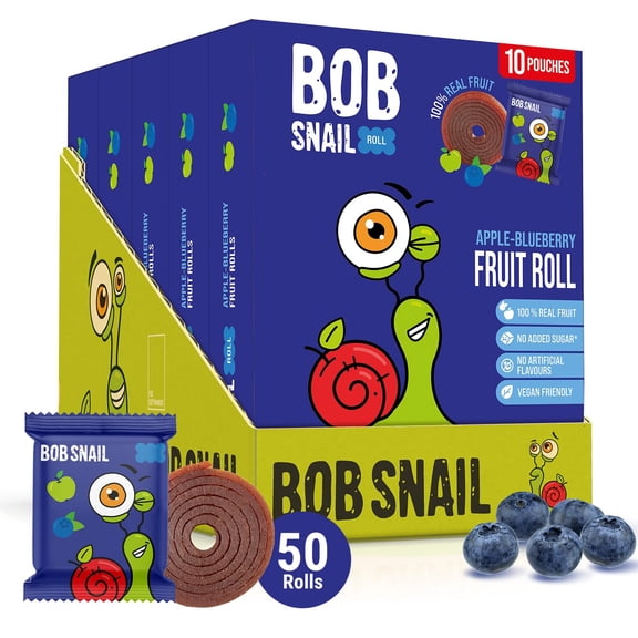 Bob Snail Fruit Roll Ups Healthy Sweets Snacks, Real Dried Fruits, No Added Sugar, Vegan, Nut Free, Candy for Adults, Kids, with Apple-Blueberry Bulk 50 pcs Rolls, 500g