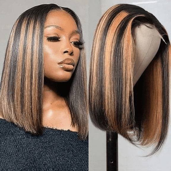 Bob Straight Highlight Wig Lace Front Human Hair for Black Women 4x4 Closure 180% Density Ombre Brown Honey Blonde 12 Inch, Natural Silky, Breathable, Adjustable Straps