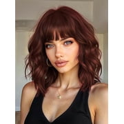 Bob Wavy Wigs for Women Reddish Caramel Brown Short Curly Hair Wig with Bangs Shoulder Length Style Synthetic Realistic Heat Resistant Wig for Everyday Hairstyle 16 Inch