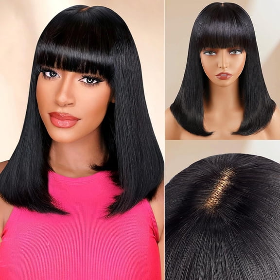 Bob Wig with Bangs Human Hair 4x2 Lace Bob Wig for Black Womne 14 Inch | Bob Wig Human Hair,150% Density Middle Part Bob Wig,Easy Wear,Beginner Friendly,Natural Color