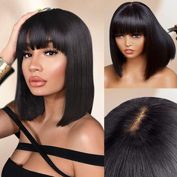 Bob Wig with Bangs Human Hair 4x2 Lace Bob Wig Human Hair Glueless 12 Inch | 150% Density Middle Part Bob Wig, Ready to Go Human Hair Wig,Easy Wear,Beginner Friendly,Natural Color
